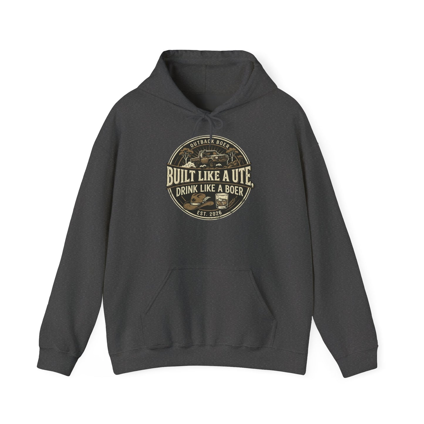 Built Like a Ute Hoodie – "Built Like a Ute, Drink Like a Boer" Vintage Badge