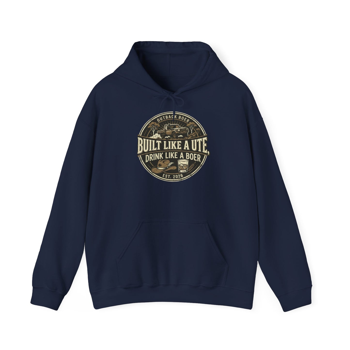 Built Like a Ute Hoodie – "Built Like a Ute, Drink Like a Boer" Vintage Badge