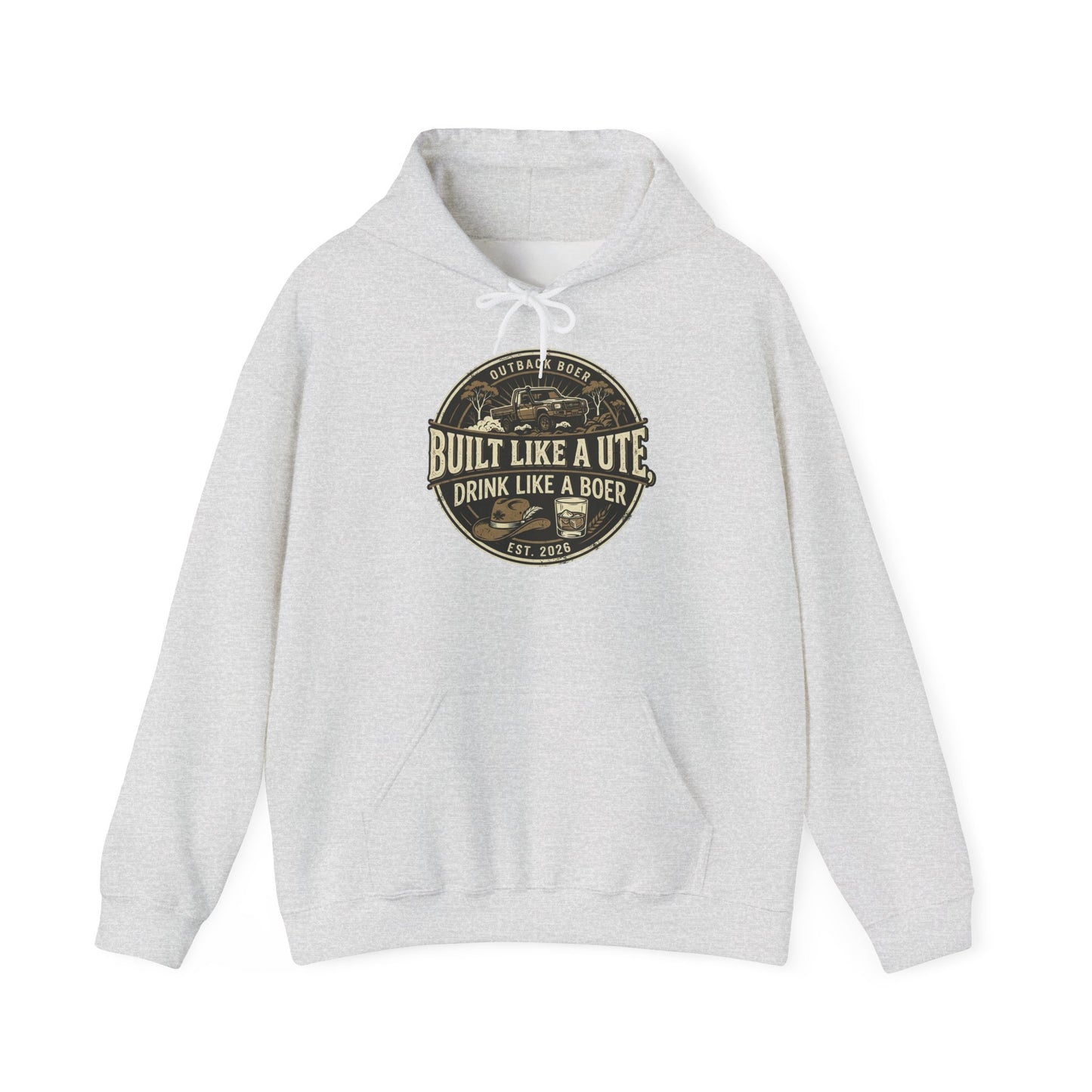 Built Like a Ute Hoodie – "Built Like a Ute, Drink Like a Boer" Vintage Badge
