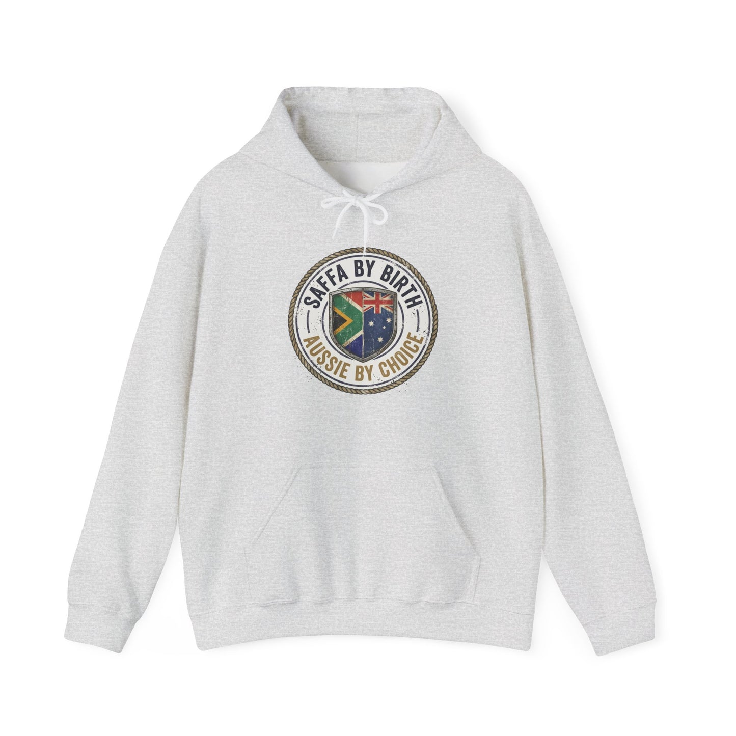 Hoodie — "South African by Birth, Aussie by Choice" Flag Emblem Pullover