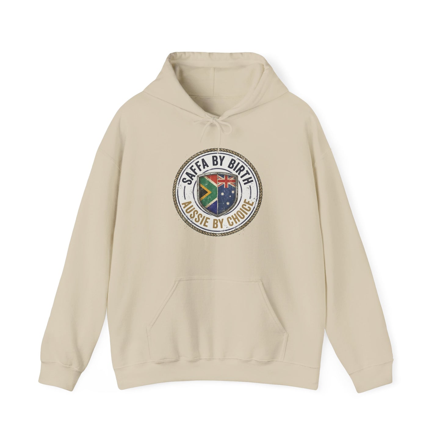 Hoodie — "South African by Birth, Aussie by Choice" Flag Emblem Pullover