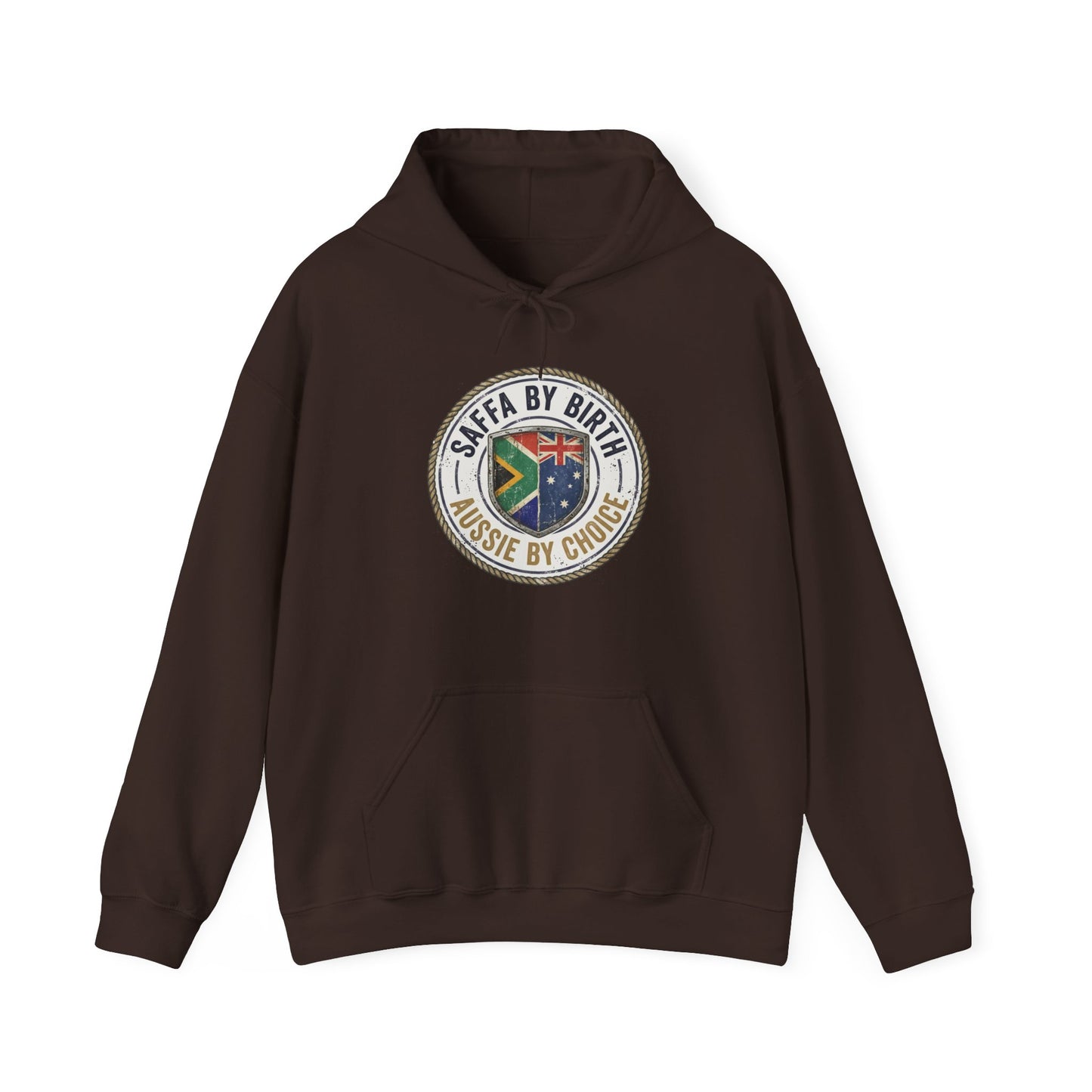 Hoodie — "South African by Birth, Aussie by Choice" Flag Emblem Pullover