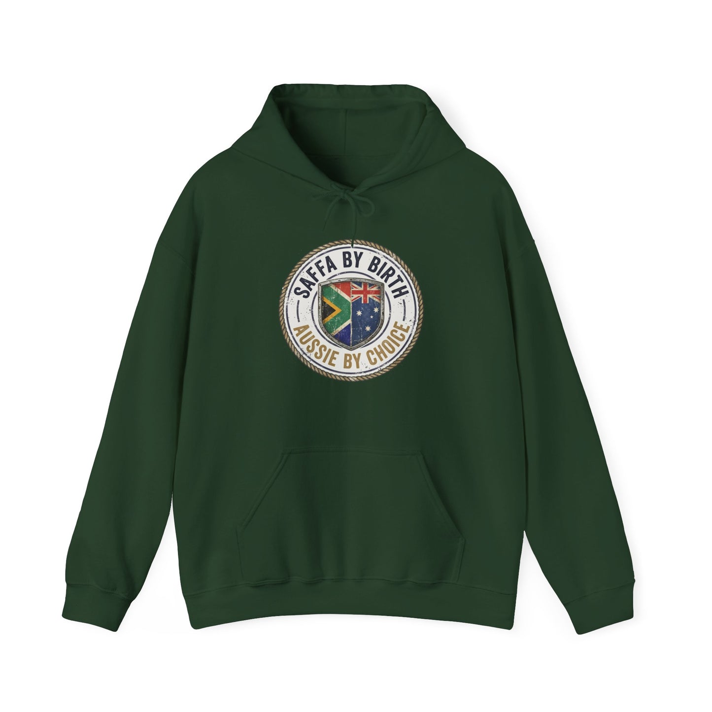Hoodie — "South African by Birth, Aussie by Choice" Flag Emblem Pullover