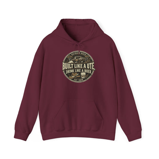 Built Like a Ute Hoodie – "Built Like a Ute, Drink Like a Boer" Vintage Badge
