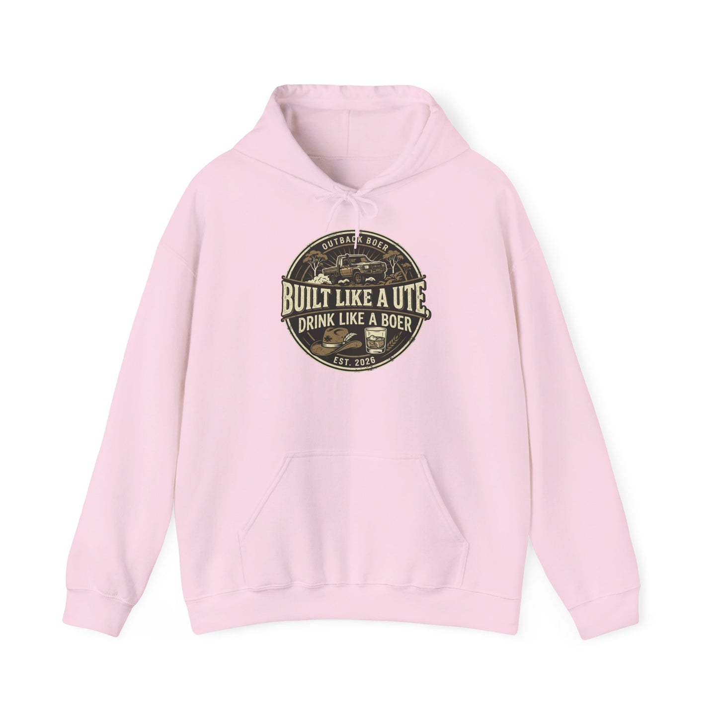 Built Like a Ute Hoodie – "Built Like a Ute, Drink Like a Boer" Vintage Badge
