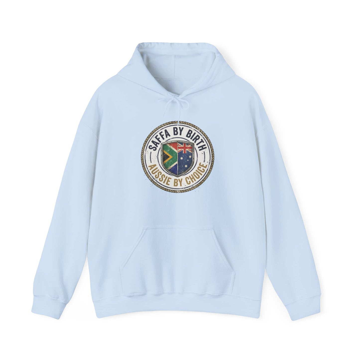 Hoodie — "South African by Birth, Aussie by Choice" Flag Emblem Pullover