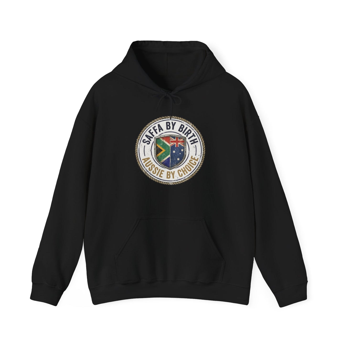 Hoodie — "South African by Birth, Aussie by Choice" Flag Emblem Pullover