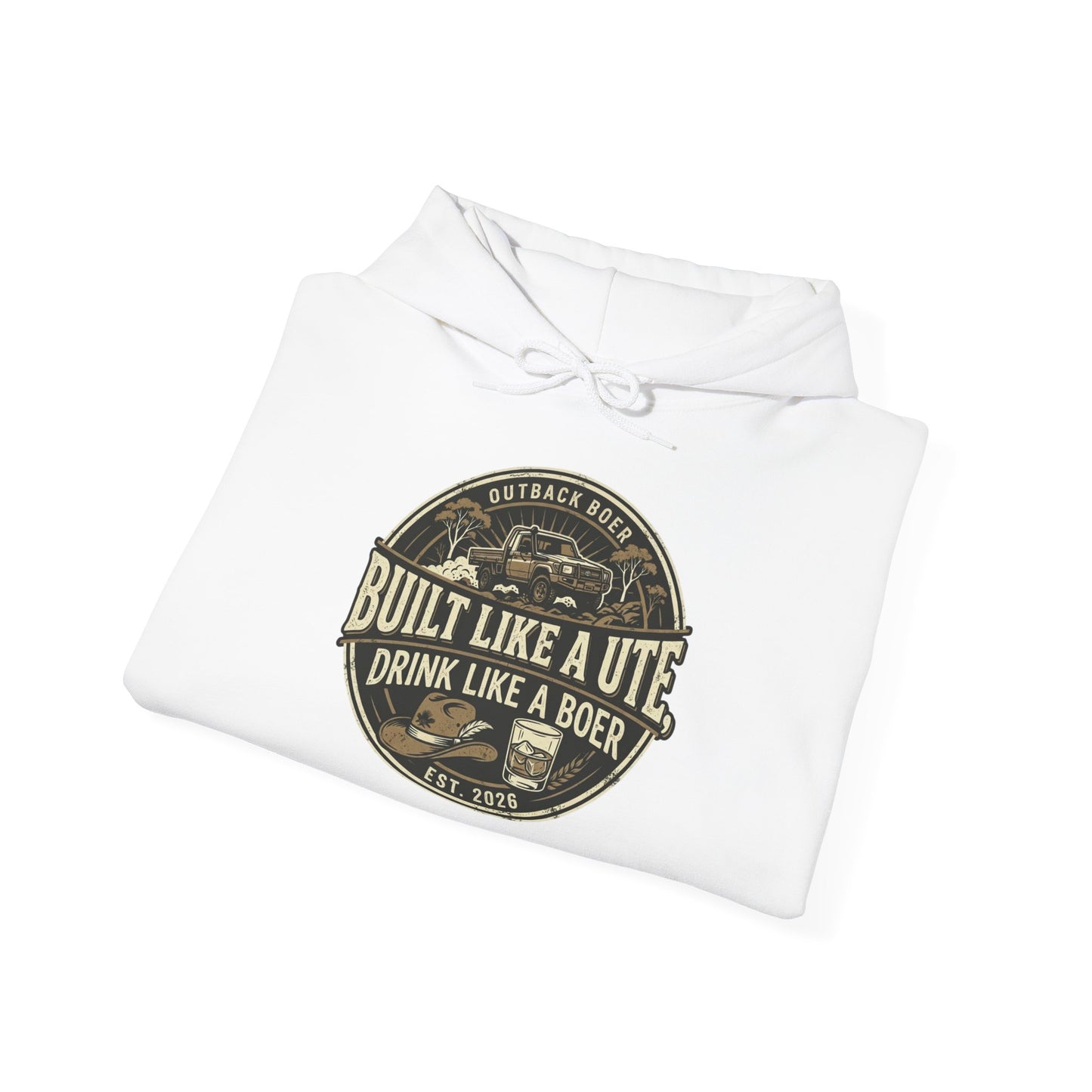 Built Like a Ute Hoodie – "Built Like a Ute, Drink Like a Boer" Vintage Badge
