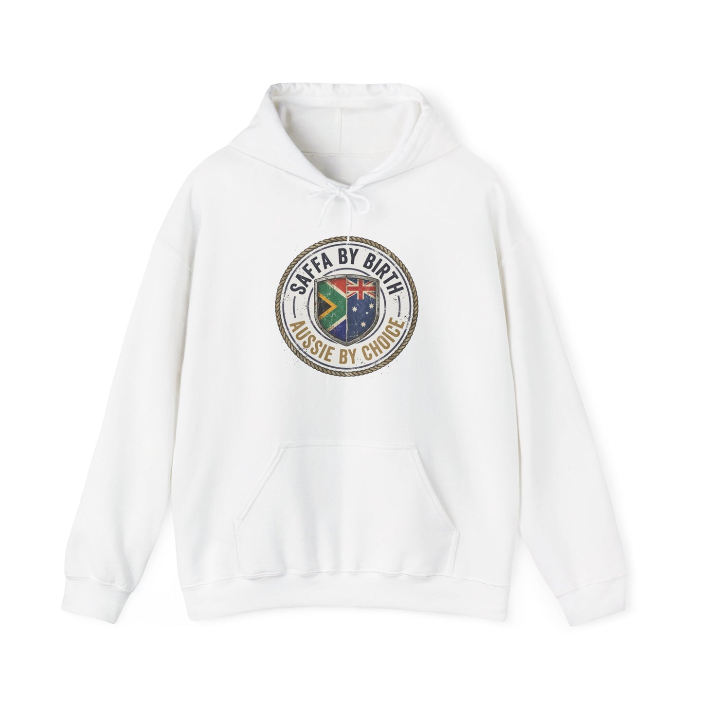 Hoodie — "South African by Birth, Aussie by Choice" Flag Emblem Pullover