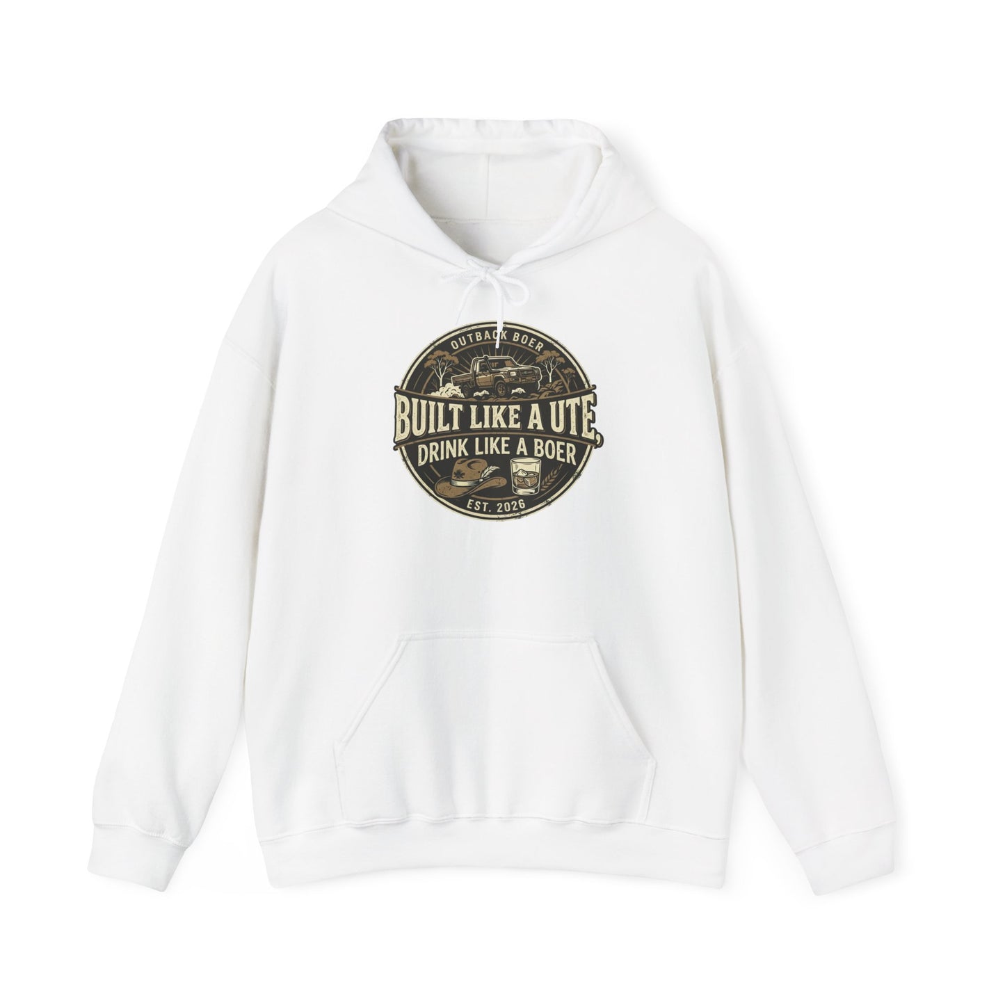 Built Like a Ute Hoodie – "Built Like a Ute, Drink Like a Boer" Vintage Badge