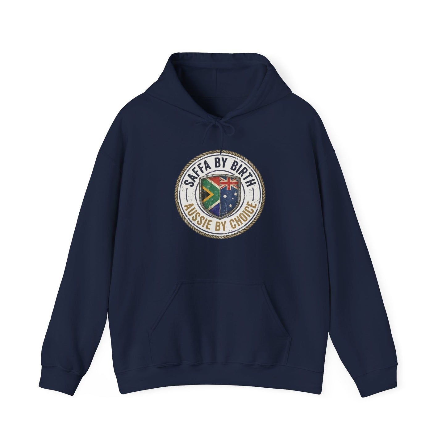 Hoodie — "South African by Birth, Aussie by Choice" Flag Emblem Pullover