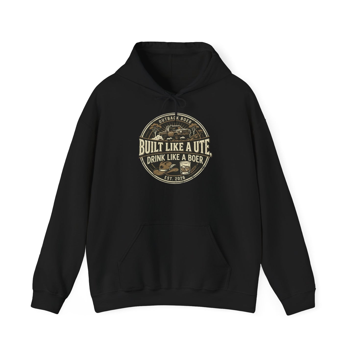 Built Like a Ute Hoodie – "Built Like a Ute, Drink Like a Boer" Vintage Badge