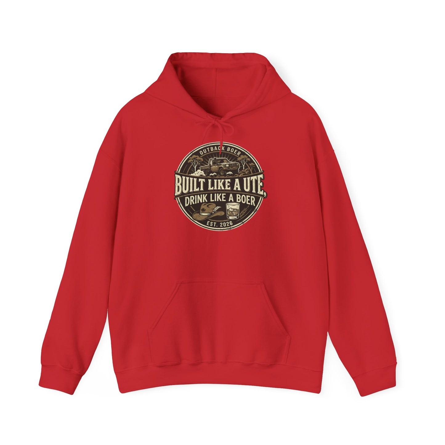 Built Like a Ute Hoodie – "Built Like a Ute, Drink Like a Boer" Vintage Badge