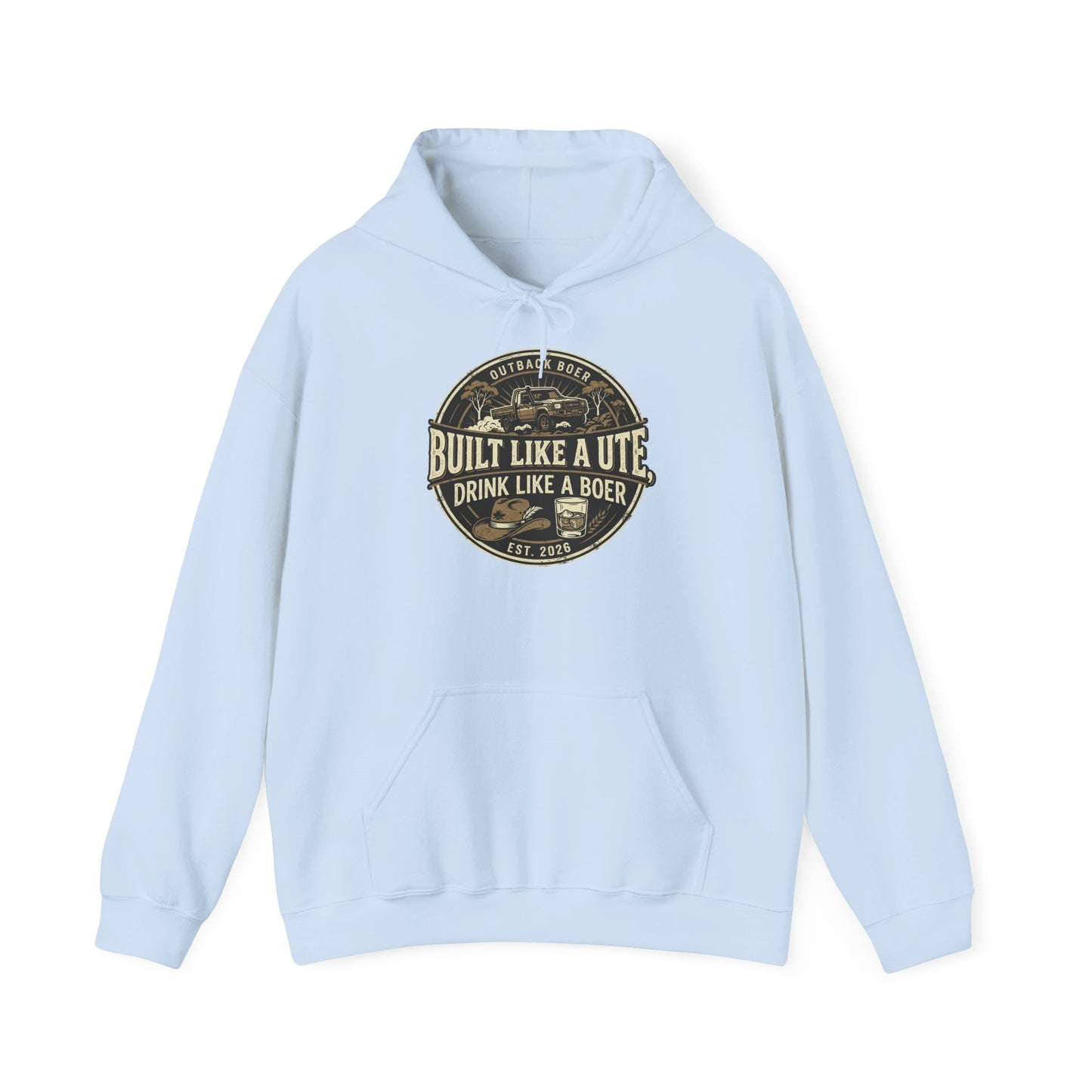 Built Like a Ute Hoodie – "Built Like a Ute, Drink Like a Boer" Vintage Badge