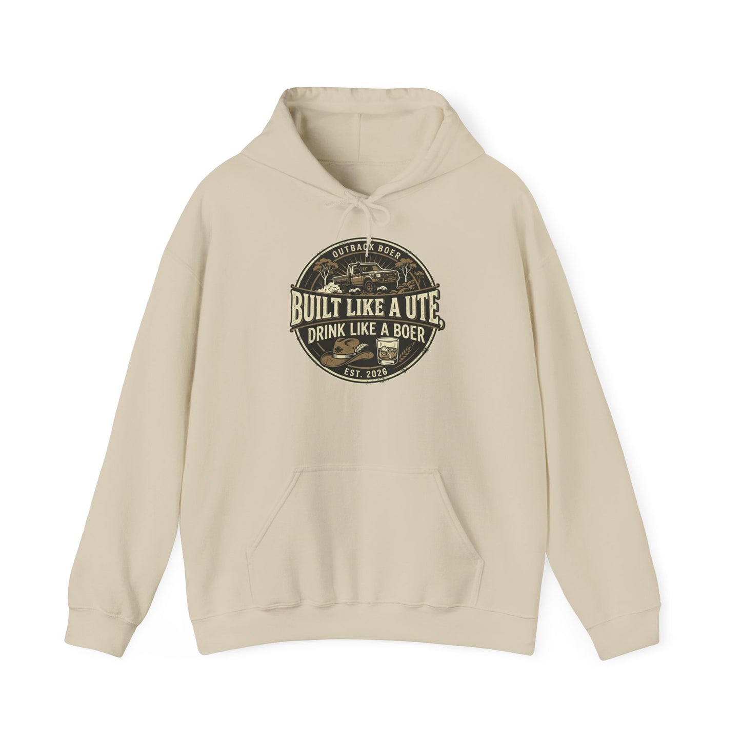 Built Like a Ute Hoodie – "Built Like a Ute, Drink Like a Boer" Vintage Badge