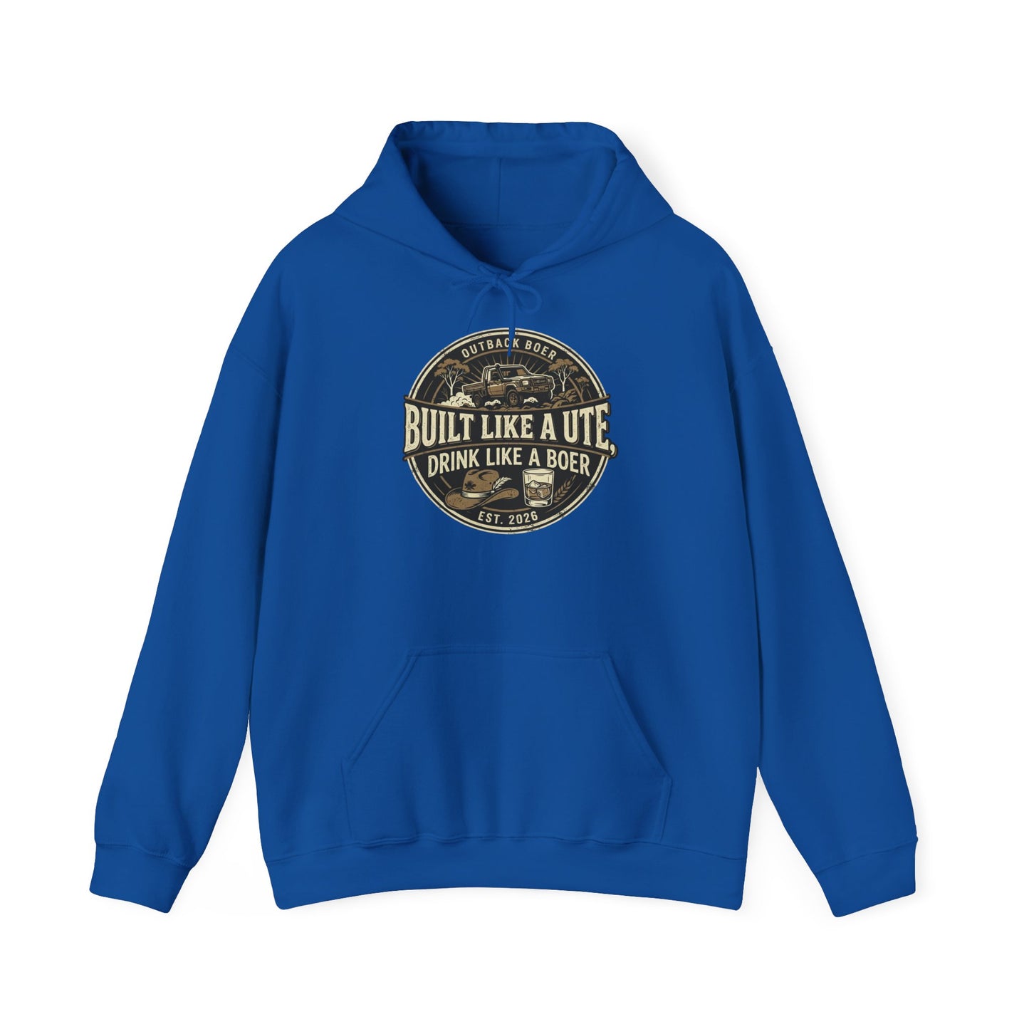 Built Like a Ute Hoodie – "Built Like a Ute, Drink Like a Boer" Vintage Badge